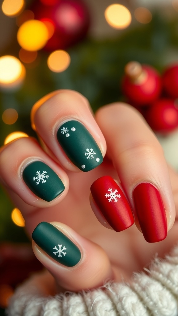 Winter Holiday Matte Nails Design Close-up of winter holiday matte nails in red and green with snowflake designs.